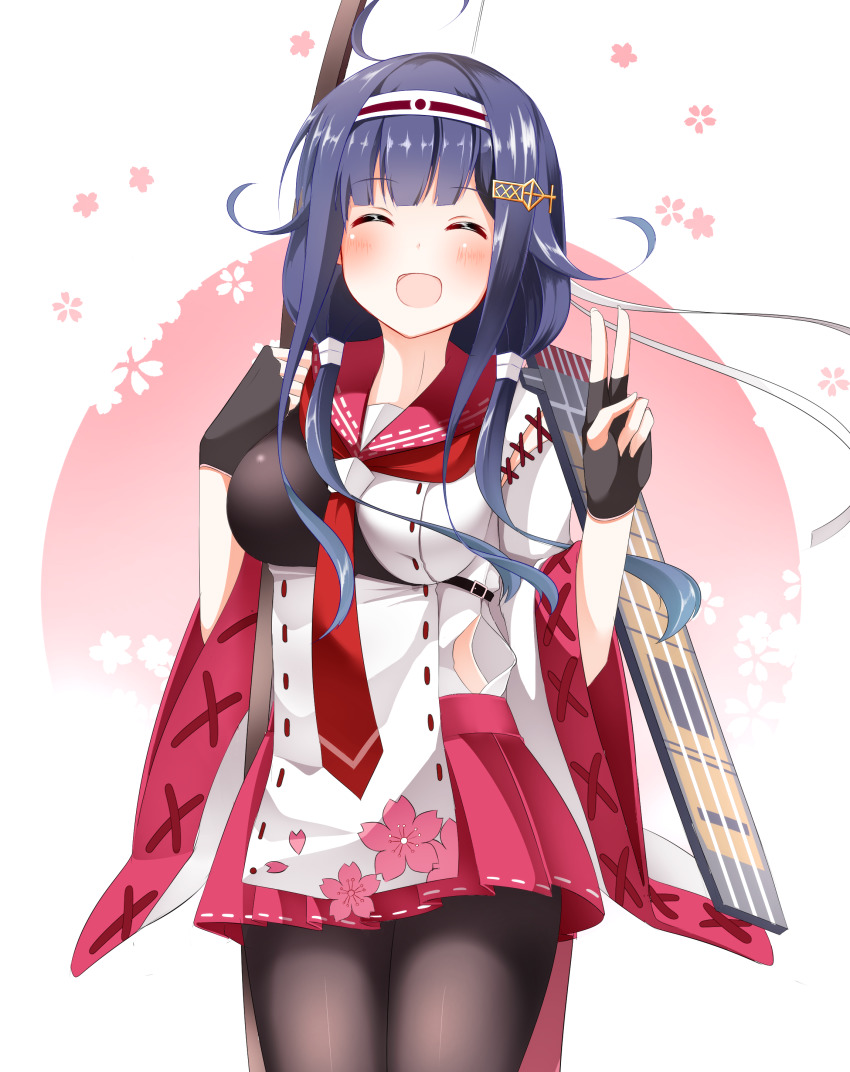 1girl absurdres ahoge black_pantyhose breasts closed_eyes flight_deck gloves hair_flaps hair_ornament hairband hairclip highres japanese_clothes kantai_collection low_twintails medium_breasts muneate pantyhose partially_fingerless_gloves pia_(botamochinjufu) purple_hair ryuuhou_(kancolle) ryuuhou_kai_ni_(kancolle) solo taigei_(kancolle) twintails