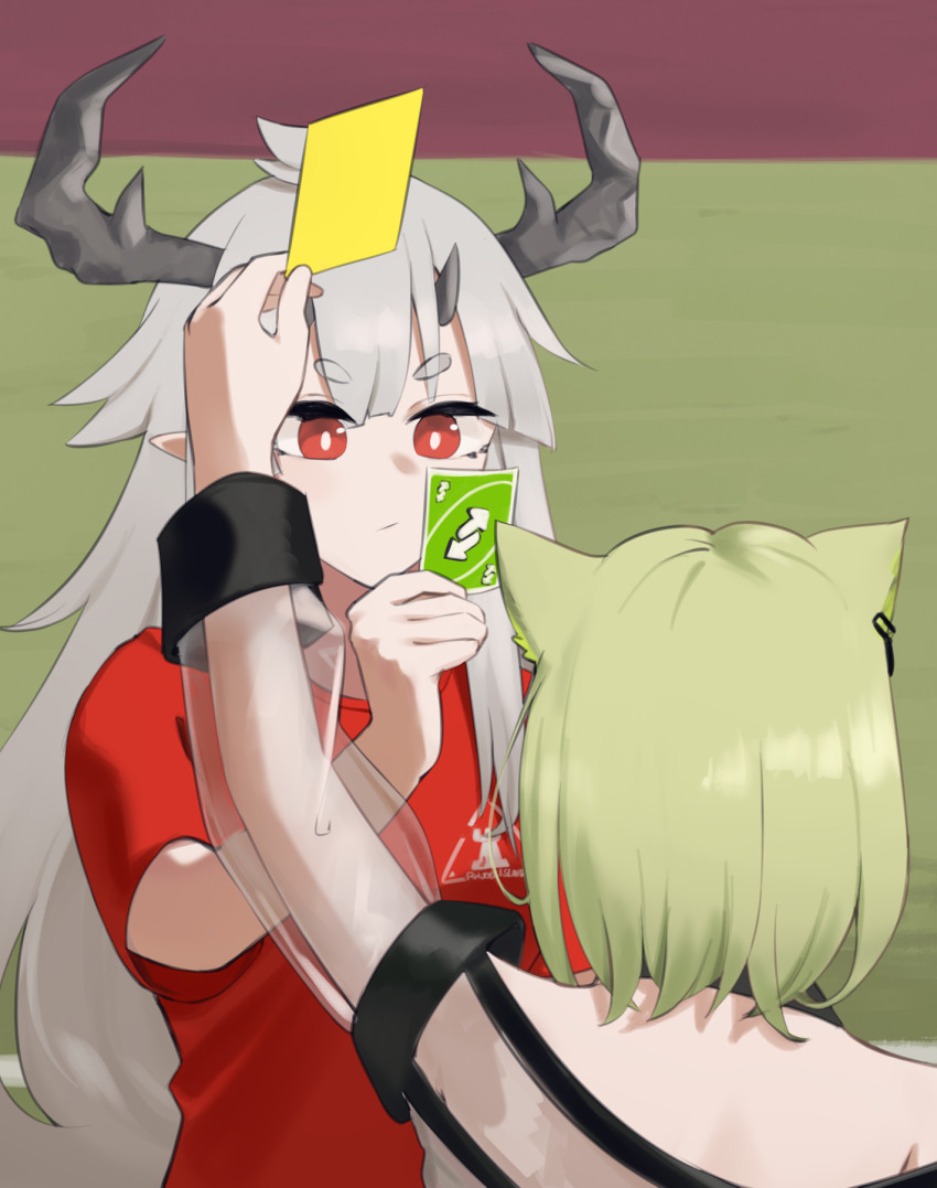 2girls animal_ear_fluff animal_ears antlers arknights bare_shoulders card green_hair grey_hair highres hinami047 holding holding_card horns kal&#039;tsit_(arknights) long_hair long_sleeves matoimaru_(arknights) multiple_girls off_shoulder puffy_long_sleeves puffy_sleeves red_eyes red_shirt see-through_clothes see-through_sleeves shirt short_eyebrows short_sleeves thick_eyebrows uno_(game) uno_reverse_card very_long_hair yellow_card