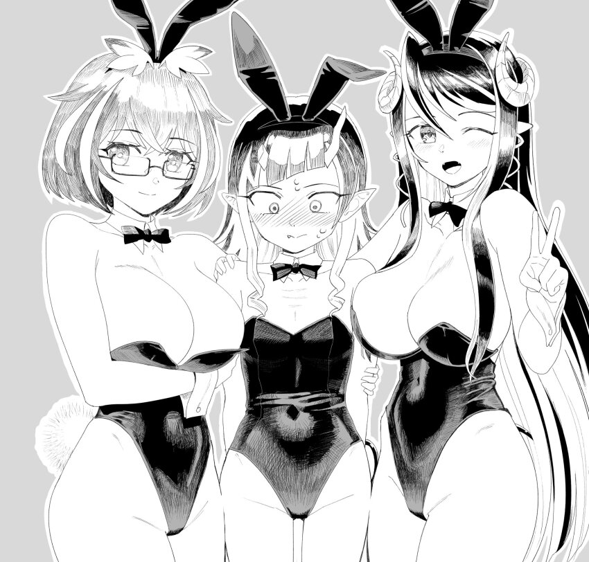 3girls alternate_costume animal_ears arm_under_breasts blush bow bowtie breast_envy breasts buren cleavage closed_mouth commentary_request cowboy_shot curled_horns demon_girl demon_horns demon_tail detached_collar fake_animal_ears fake_tail fang flat_chest glasses greyscale hair_between_eyes hand_on_another&#039;s_shoulder hebiyoi_tier highres horns large_breasts leotard long_hair looking_at_viewer monochrome multicolored_hair multiple_girls nanashi_inc. open_mouth oura_rukako playboy_bunny pointy_ears rabbit_ears rabbit_tail rectangular_eyewear semi-rimless_eyewear shishio_chris sidelocks simple_background smile strapless strapless_leotard tail two-tone_hair under-rim_eyewear virtual_youtuber wrist_cuffs