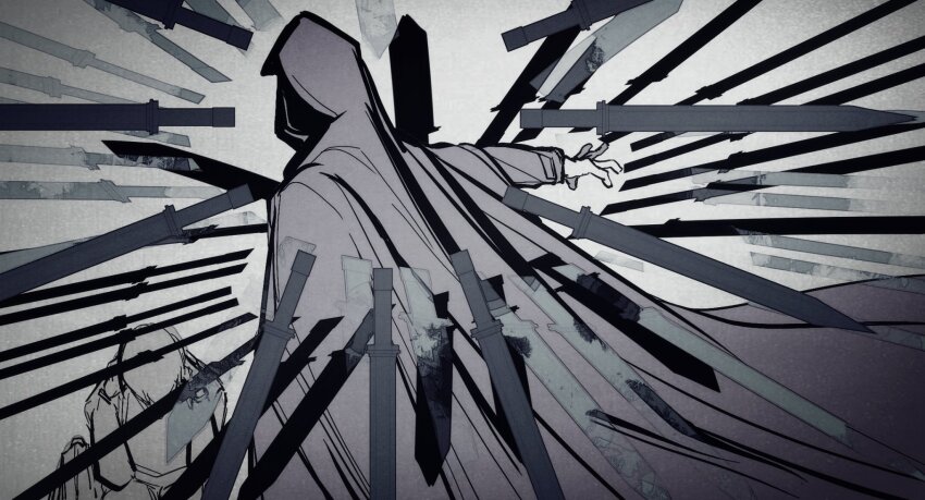 1boy character_request check_character cloak cowboy_shot curled_up facing_viewer floating floating_object floating_sword floating_weapon greyscale highres hood hood_up hooded_cloak horaceswarcsal kim_dokja male_focus monochrome omniscient_reader&#039;s_viewpoint outstretched_arm shaded_face solo sword too_many_weapons weapon yoo_joonghyuk