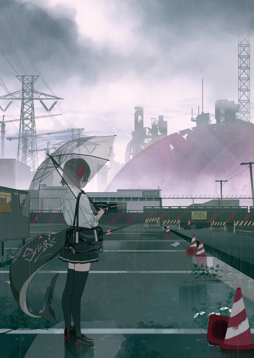 1girl absurdres bag barbed_wire black_hair building cloud cloudy_sky collared_shirt ellen_joe fins fish_tail from_behind highres midfinger outdoors parking_lot pleated_skirt school_bag school_uniform shark_girl shark_tail shirt short_hair sign skirt sky solo standing tail thighhighs traffic_cone transmission_tower transparent transparent_umbrella umbrella white_shirt zenless_zone_zero