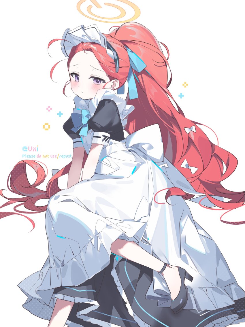 1girl absurdres ahoge apron aqua_ribbon asphyxia17 black_dress black_footwear blue_archive blush closed_mouth dress frilled_apron frills hair_ribbon halo high_heels highres long_hair looking_at_viewer maid maid_headdress purple_eyes red_hair ribbon short_sleeves simple_background solo twitter_username very_long_hair white_apron white_background yuzu_(blue_archive) yuzu_(maid)_(blue_archive)