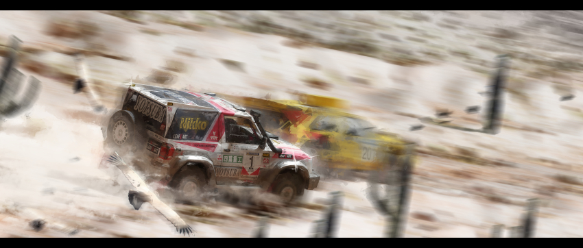 absurdres bird brand_name_imitation car citroen citroen_zx commentary desert haguruma_c highres letterboxed mitsubishi_motors mitsubishi_pajero motor_vehicle no_humans original outdoors race_vehicle racecar rally_car sponsor sports_utility_vehicle symbol-only_commentary vehicle_focus vulture
