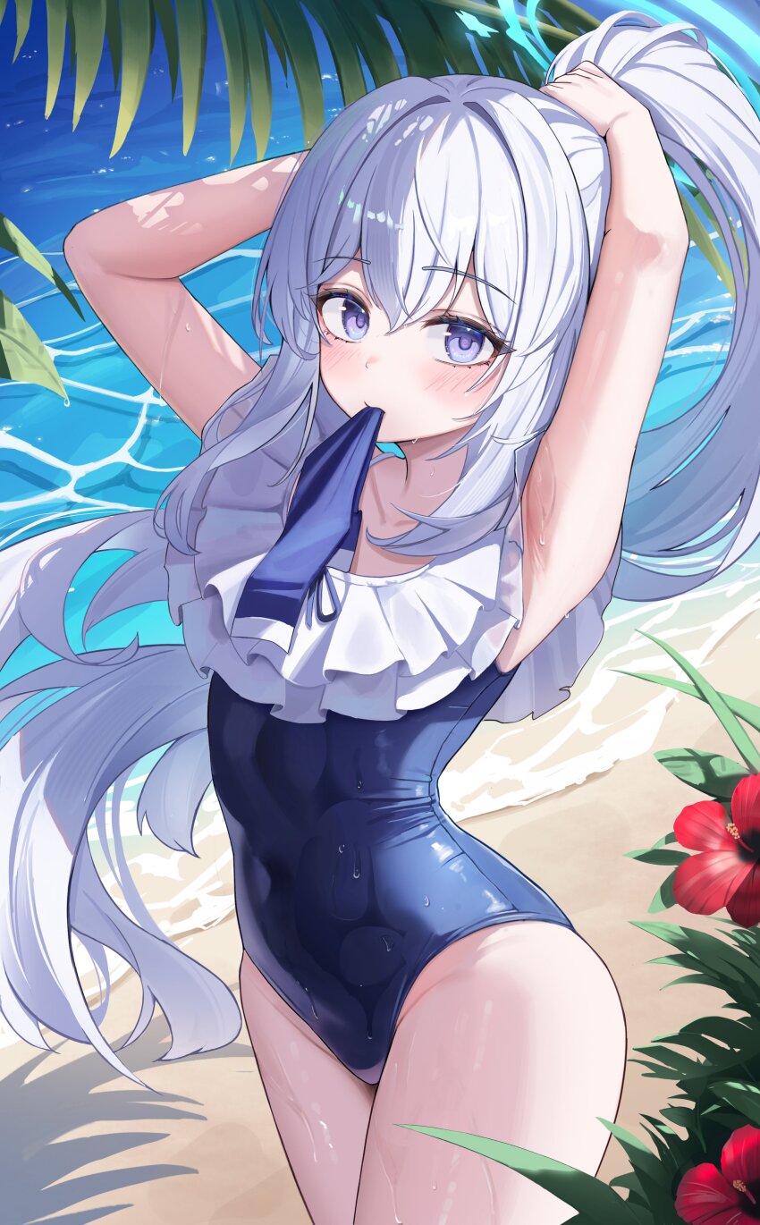 1girl absurdres adjusting_hair bare_shoulders blue_archive blue_halo blue_one-piece_swimsuit commentary covered_navel grey_hair halo highres hwa_sawa looking_at_viewer miyako_(blue_archive) miyako_(swimsuit)_(blue_archive) official_alternate_costume official_alternate_hairstyle one-piece_swimsuit ponytail purple_eyes solo swimsuit thighs