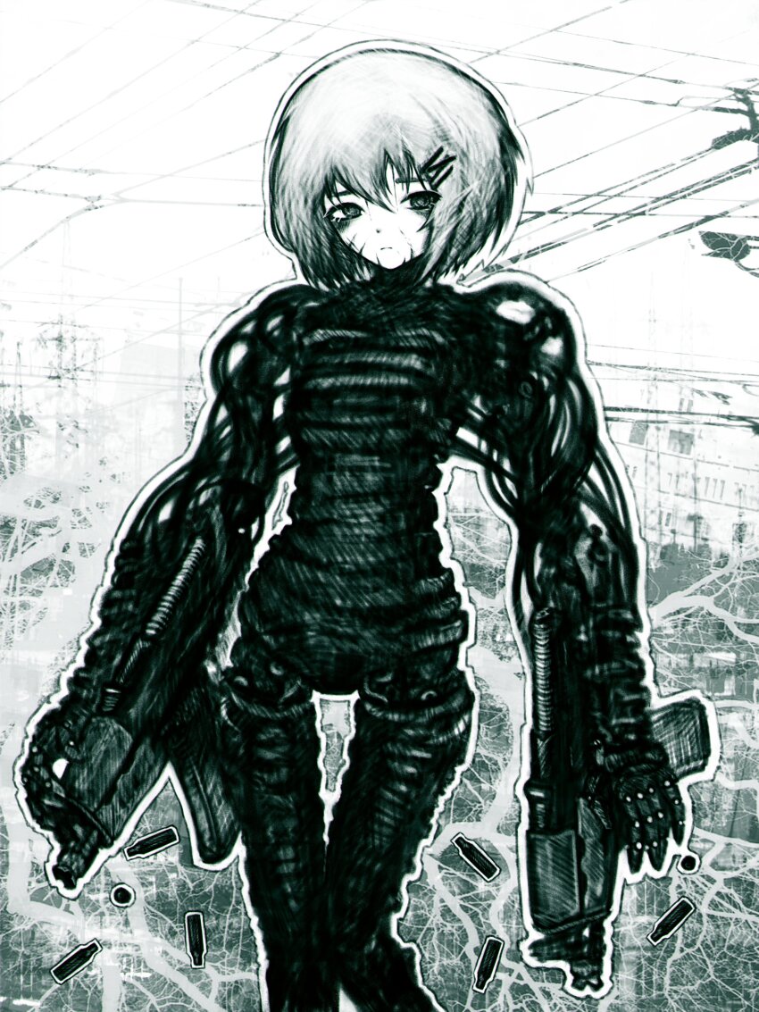 11e10 1girl abstract_background absurdres android arm_mounted_weapon breasts cable cyberpunk dual_wielding faux_traditional_media feet_out_of_frame green_theme gun hair_ornament hairclip hashtag-only_commentary high_contrast highres holding joints knees_together_feet_apart looking_at_viewer marie_(peripeteia) mechanical_arms mechanical_hands mechanical_legs monochrome outline peripeteia power_lines robot_joints sad scar scar_on_face science_fiction shell_casing short_hair small_breasts solo standing weapon white_outline