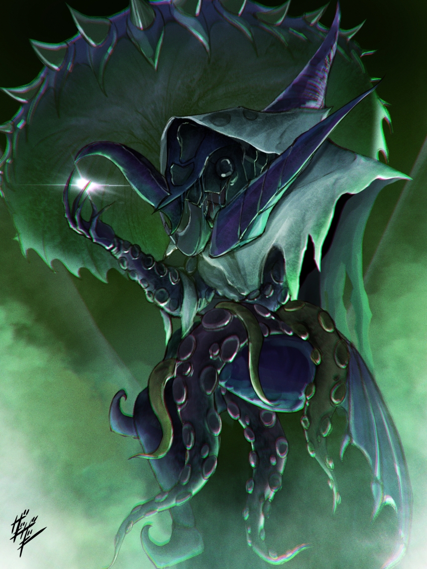 daiouika_deadman deadmen_(kamen_rider_revice) eldritch_abomination full_body giant_squid gifftex goat green_eyes green_jacket highres holding holding_weapon jacket kamen_rider kamen_rider_revice crossed_legs male_focus mexican_clothes monster monster_boy olteca_(kamen_rider_revice) pants paranegro red_eyes sitting squid sword tentacles umbrella upper_body weapon white_background zagizagi