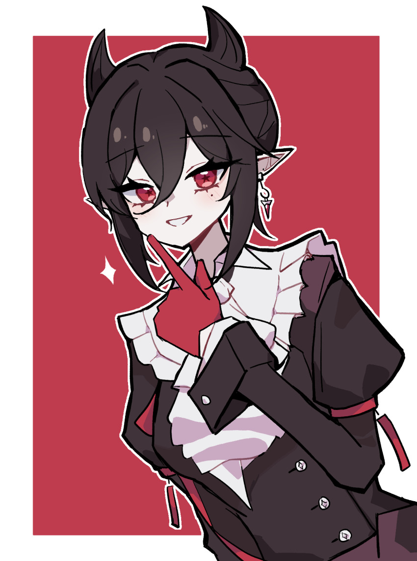 1girl :d arknights black_hair border commentary earrings entelechia_(arknights) finger_to_cheek frills gloves grin hair_between_eyes hair_horns highres hmrsh jewelry juliet_sleeves long_sleeves looking_at_viewer mole mole_under_eye open_mouth outline outside_border pointy_ears puffy_sleeves red_background red_eyes red_gloves short_hair simple_background smile solo sparkle star-shaped_pupils star_(symbol) symbol-shaped_pupils upper_body white_border white_outline