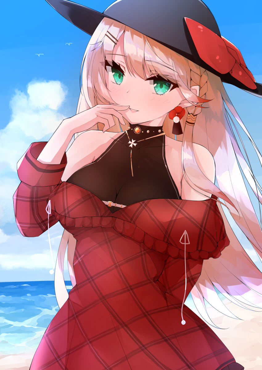 1girl absurdres azur_lane black_hat blonde_hair braid breasts dress earrings finger_to_mouth flower_earrings green_eyes hand_on_own_face hat highres howe_(azur_lane) howe_(noble_rouge)_(azur_lane) jewelry long_hair looking_at_viewer medium_breasts necklace plaid_clothes plaid_dress ryou_(ryo_217cafe) single_braid solo