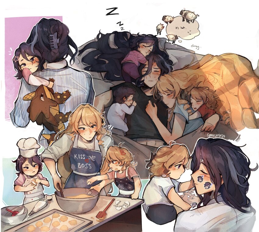 5girls absurdres apron baking baking_sheet black_shirt blonde_hair blue_apron blue_hair blue_shirt blush child clorinde_(genshin_impact) closed_eyes closed_mouth commentary cuddling eggshell english_commentary english_text food food_on_face genshin_impact hair_ornament hairclip highres holding holding_spatula if_they_mated ips_cells long_hair maie_(masayaso) mixing_bowl mother_and_daughter multiple_girls navia_(genshin_impact) pastry_bag purple_eyes shirt short_sleeves sleeping smile spatula stuffed_toy sweat twitter_username under_covers white_shirt wife_and_wife yuri