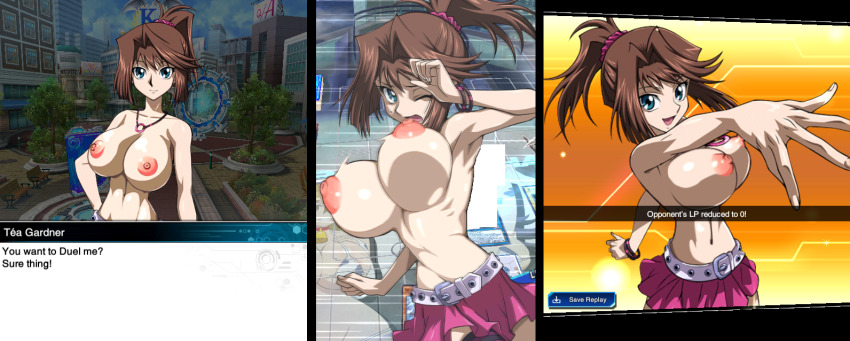 1girl bouncing_breasts breasts breasts_out brown_hair game_mod jewelry large_breasts looking_at_viewer mazaki_anzu mod necklace nipples nude_mod ponytail puffy_nipples rochestedorm skirt topless_female yu-gi-oh! yu-gi-oh!_duel_links yu-gi-oh!_duel_monsters