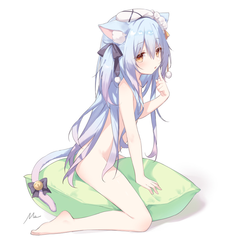 1girl absurdres animal_ear_fluff animal_ears barefoot bell black_bow blue_hair bow brown_eyes cat_ears cat_girl cat_tail finger_to_mouth full_body gradient_hair hair_between_eyes hair_bow hand_up highres jingle_bell long_hair mo_(pixiv9929995) multicolored_hair nude one_side_up original parted_lips pillow purple_hair shadow signature simple_background straddling tail tail_bell tail_bow tail_ornament very_long_hair white_background