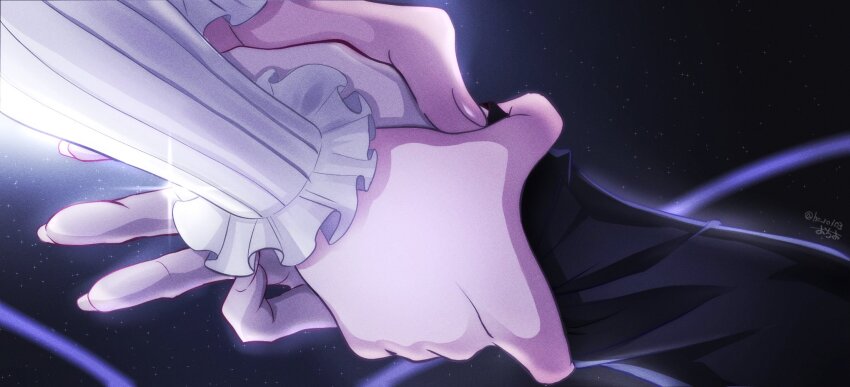 close-up commentary copyright_request fingernails frilled_sleeves frills hand_focus hand_grab highres holding_another&#039;s_wrist long_fingernails long_sleeves ochiyo_(ho_ro103) out_of_frame signature symbol-only_commentary twitter_username