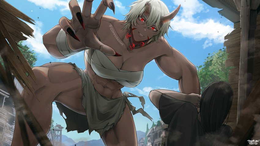 1girl 1other 2022 abs amulet arm_wrap biceps black_hair blonde_hair breasts broken_horn chest_sarashi claws cowering dark-skinned_female dark_skin debris destruction dust english_text evil_grin evil_smile eyebrows_hidden_by_hair facepaint facial_mark fingernails from_below giant giantess glowing glowing_eyes grin horns jewelry leaning_forward light_particles loincloth looking_at_another looking_down magatama magatama_necklace medium_hair midriff monster_girl muscular muscular_female necklace on_one_knee oni oni_horns open_hand original outdoors pendant rags reaching red_eyes ruins sarashi scared sharp_fingernails sharp_teeth short_hair side-tie_skirt signature smile sunsirou teeth town tree watermark white_hair