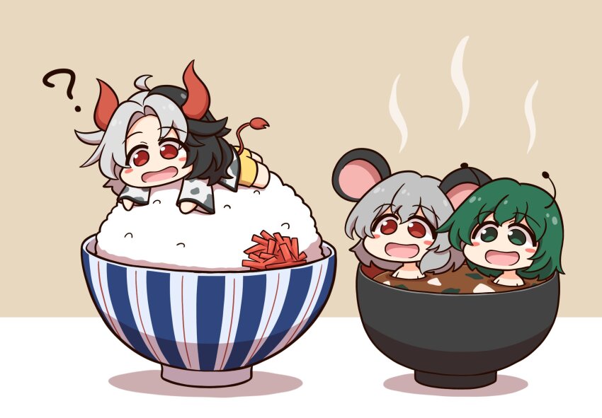 3girls ? animal_ears animal_print antennae black_hair cow_ears cow_horns cow_print cow_tail food green_eyes green_hair grey_hair gyudon highres horns japanese_clothes mouse_ears mouse_girl multicolored_hair multiple_girls nazrin open_mouth red_eyes red_horns shitacemayo short_hair tail touhou two-tone_hair ushizaki_urumi wriggle_nightbug