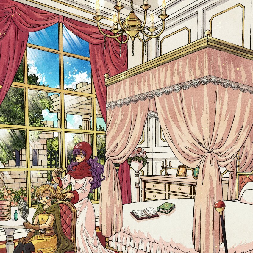 2girls bed bedroom black_pants blonde_hair book bow brick_wall brown_gloves brushing_hair candlestand canopy_bed capelet chandelier cloak cousins dragon_quest dragon_quest_ii gloves green_cloak hair_bow highres holding holding_milk_carton hood hood_up hooded_capelet long_hair milk_carton multiple_girls open_book open_mouth pants parted_lips ponytail princess_of_moonbrook princess_of_samantoria purple_hair red_hood robe roto&#039;s_emblem sitting smile staff sunlight toriga tunic white_bow white_robe window yellow_tunic