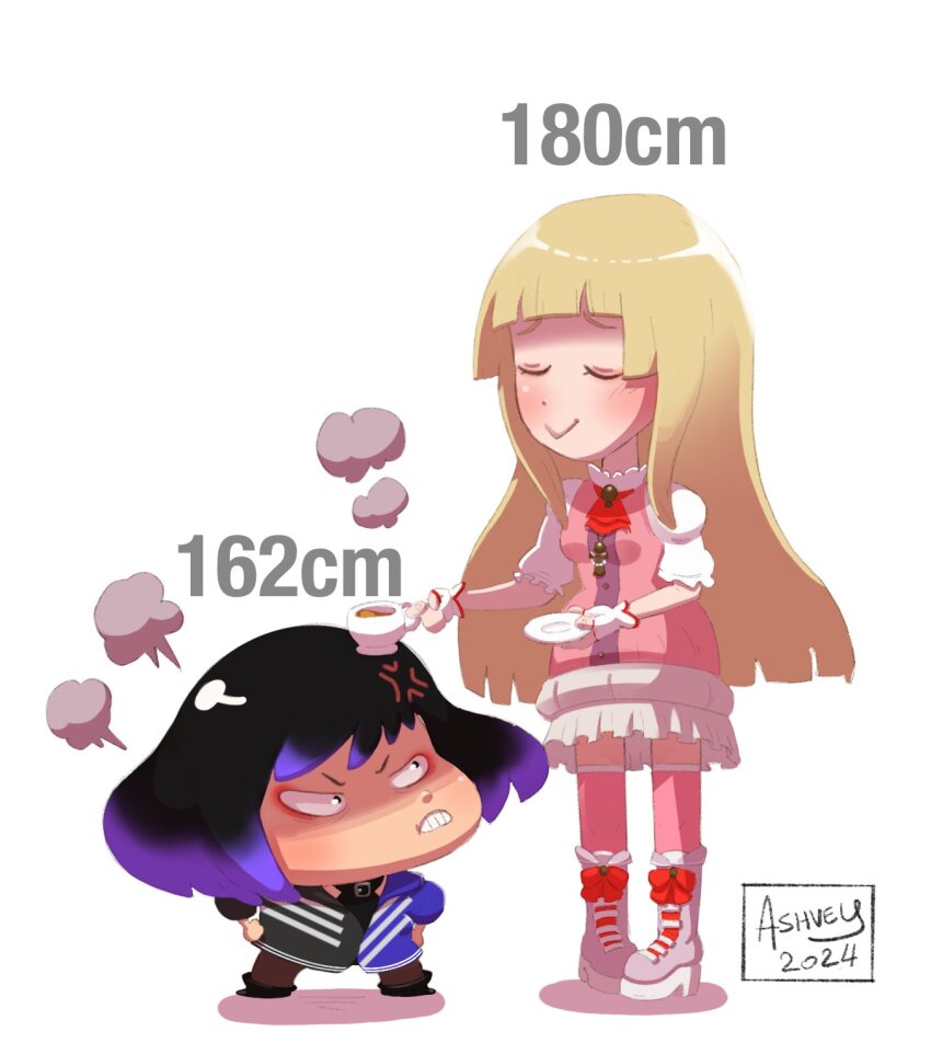 2024 2girls :&gt; anger_vein ashvey black_hair blonde_hair blunt_bangs boots breasts chibi clenched_teeth closed_eyes commentary cup dress emilie_de_rochefort english_commentary height_conscious height_difference highres holding holding_cup holding_saucer jacket medium_breasts multicolored_hair multicolored_jacket multiple_girls pink_dress platform_boots platform_footwear purple_hair reina_(tekken) saucer signature teacup teeth tekken tekken_8 two-tone_hair two-tone_jacket v-shaped_eyebrows