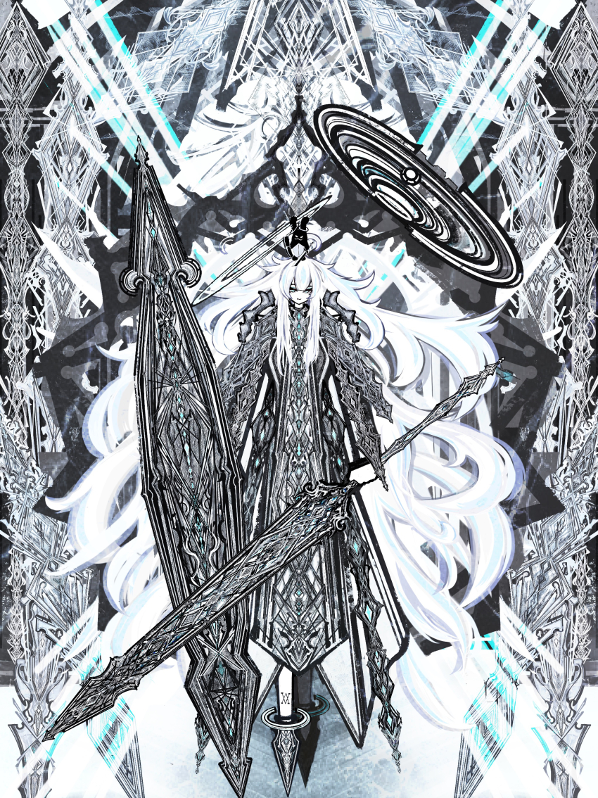 1girl absurdly_long_hair absurdres animal animal_on_head blue_hair floating full_body halo highres holding holding_shield holding_sword holding_weapon huge_weapon long_hair looking_at_viewer multicolored_hair on_head original riz_kira shield smile solo spot_color sword two-tone_hair very_long_hair weapon white_hair
