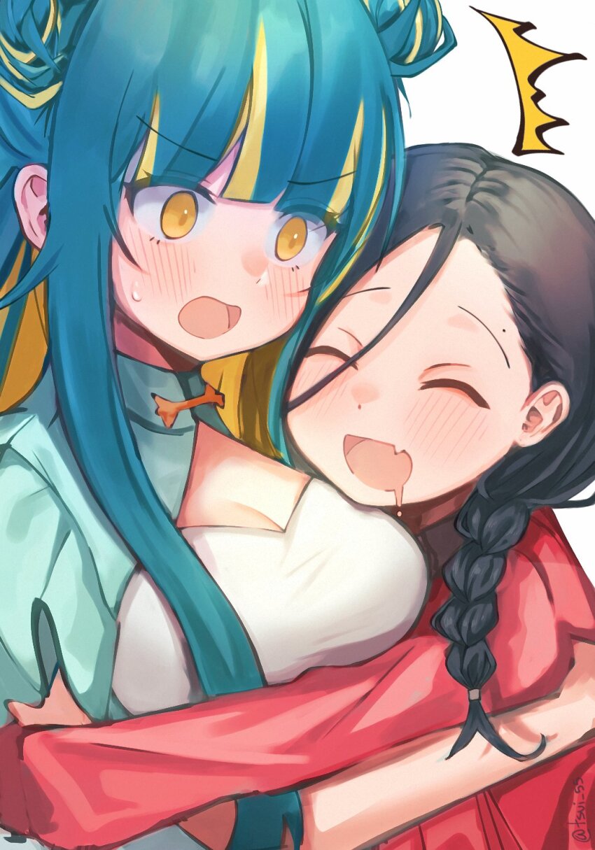 2girls black_hair blonde_hair blue_hair blush breasts china_dress chinese_clothes cleavage clothing_cutout commentary_request double_bun dress drooling fang feng_yi_(synthesizer_v) hair_between_eyes hair_bun highres hug jacket large_breasts long_hair mole mole_above_eye multiple_girls open_mouth red_jacket signature simple_background skin_fang synthesizer_v tsui55 vimalion_pro white_background wide-eyed yellow_eyes yi_xi_(synthesizer_v)