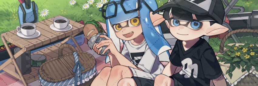 1boy 1girl :d baseball_cap black-framed_eyewear black_hair black_hat black_shirt blue_eyes blue_hair blunt_bangs closed_mouth commentary_request commission cup eyewear_on_head fangs film_grain food glasses grey_shorts hat highres holding holding_food inkling inkling_boy inkling_girl inkling_player_character long_hair mug nintendo open_mouth outdoors picnic picnic_basket picnic_blanket pointy_ears prat_rat sandwich saucer shirt short_hair short_sleeves shorts sitting smile splatoon_(series) t-shirt tentacle_hair watermark watermark_grid white_shirt yellow_eyes