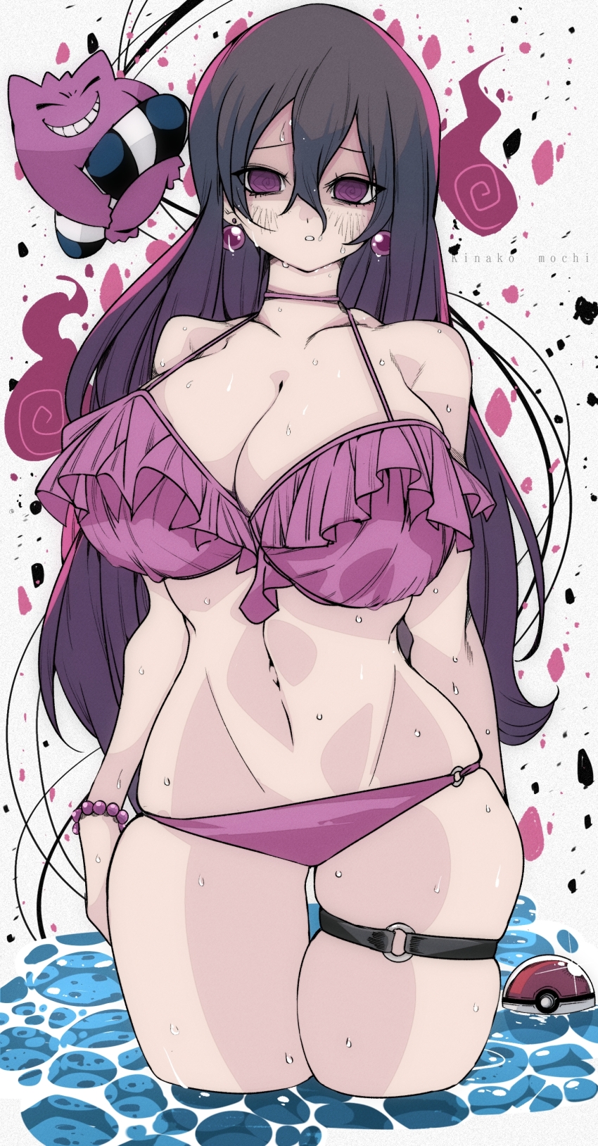 1girl @_@ bikini black_hair breasts cleavage gen_1_pokemon gengar hair_between_eyes hex_maniac_(pokemon) hex_maniac_(pokemon_legends:_z-a) huge_breasts kinakomochi_(user_vedc2333) lace lace-trimmed_swimsuit lace_trim large_breasts long_hair looking_at_viewer lowleg lowleg_bikini mature_female messy_hair nintendo pokemon pokemon_legends:_z-a purple_eyes purple_hair swimsuit thigh_strap very_long_hair