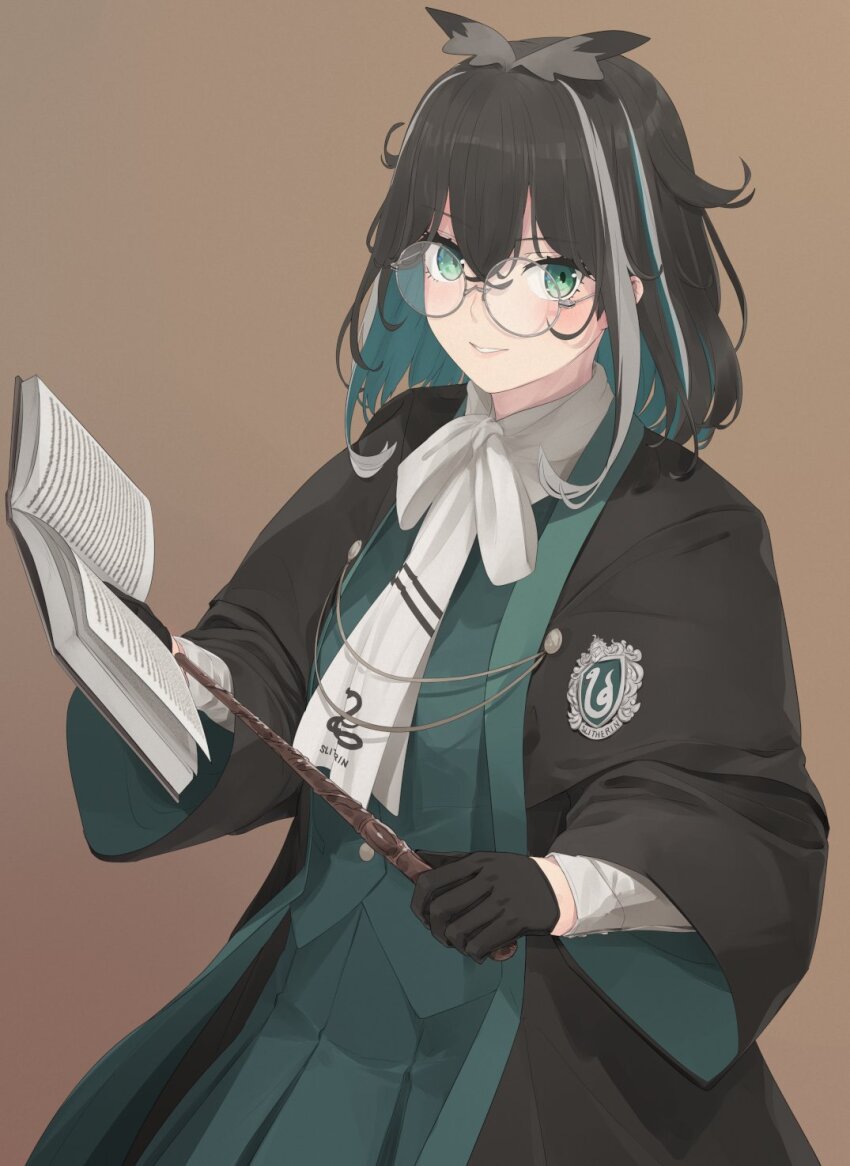 1girl atsushima black_gloves black_hair black_robe blue_eyes blue_hair blush book bow bowtie brown_background commentary_request cowboy_shot glasses gloves grey-framed_eyewear grey_hair grin hair_between_eyes highres hogwarts_legacy holding holding_book holding_wand looking_at_viewer medium_hair multicolored_hair nanashi_inc. open_book oura_rukako robe round_eyewear scarf shirt simple_background slytherin smile solo virtual_youtuber wand white_bow white_bowtie white_scarf white_shirt wizarding_world