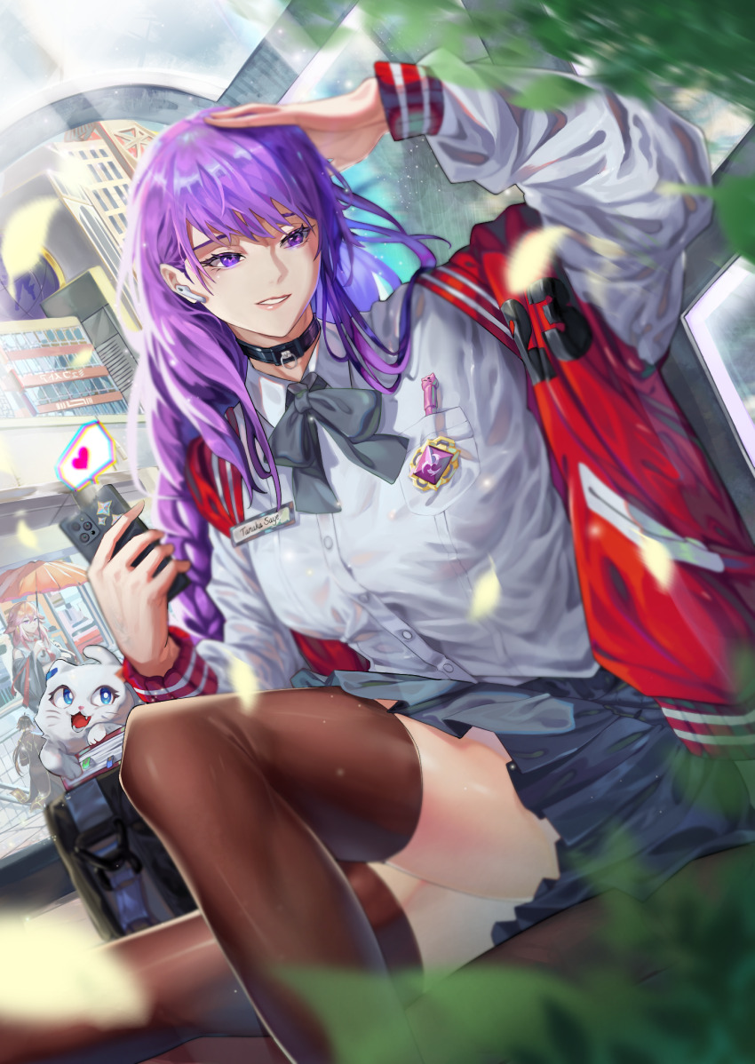 1boy 2girls alternate_costume black_choker black_neckerchief blue_skirt book brown_thighhighs cat character_request choker city commentary contemporary earphones electro_symbol_(genshin_impact) english_commentary falling_leaves genshin_impact hair_over_shoulder hand_on_own_head heart highres holding holding_phone holding_umbrella jacket leaf long_hair low-braided_long_hair low-tied_long_hair miuweter7 multiple_girls neckerchief outdoors paimon_(genshin_impact) parted_lips pen phone primogem purple_eyes purple_hair raiden_shogun red_jacket school_uniform serafuku shirt sitting skirt solo_focus spoken_heart teeth thighhighs umbrella white_shirt yae_miko zhongli_(genshin_impact)