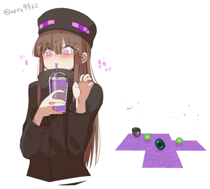 1girl ander_(at2.) at2. black_headwear blush brown_hair closed_mouth cup disposable_cup drinking_straw enderman grimace_shake_(meme) holding holding_cup long_hair long_sleeves meme milkshake minecraft mob_talker personification purple_eyes purple_liquid