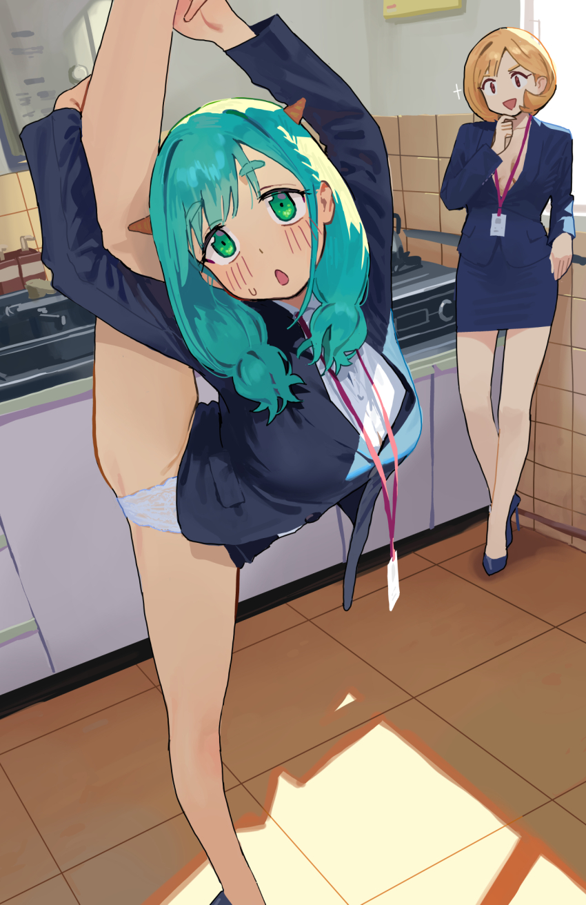 2girls blue_hair flexible formal_clothes green_eyes high_heels highres holding_leg horns id_card lanyard leg_hold leg_lift leg_up long_hair low-tied_long_hair multiple_girls nahia_(some1else45) office_lady open_mouth original panties pencil_skirt sekoshi_(some1else45) skirt some1else45 split standing standing_on_one_leg standing_split underwear