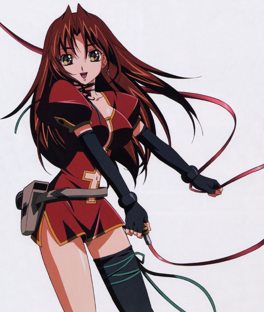 00s 1girl belt cross eclair_(kiddy_grade) elbow_gloves female_focus gloves gun gunbelt highres kadonosono_megumi kiddy_grade lace long_hair open_mouth red_hair smile solo thighhighs weapon yellow_eyes