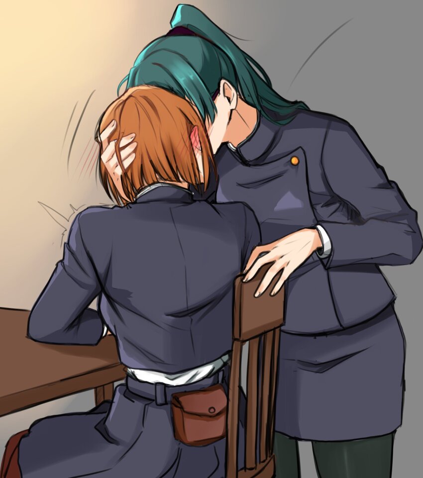 2girls belt_pouch black_jacket black_skirt blush commentary ear_blush gakuran gradient_background green_hair green_pantyhose grey_background hand_in_another&#039;s_hair hand_on_another&#039;s_head hashtag-only_commentary highres jacket jujutsu_kaisen kiss kugisaki_nobara long_hair long_sleeves lumen_sky multiple_girls on_chair orange_hair pantyhose ponytail pouch school_uniform short_hair sitting skirt table yuri zen&#039;in_maki