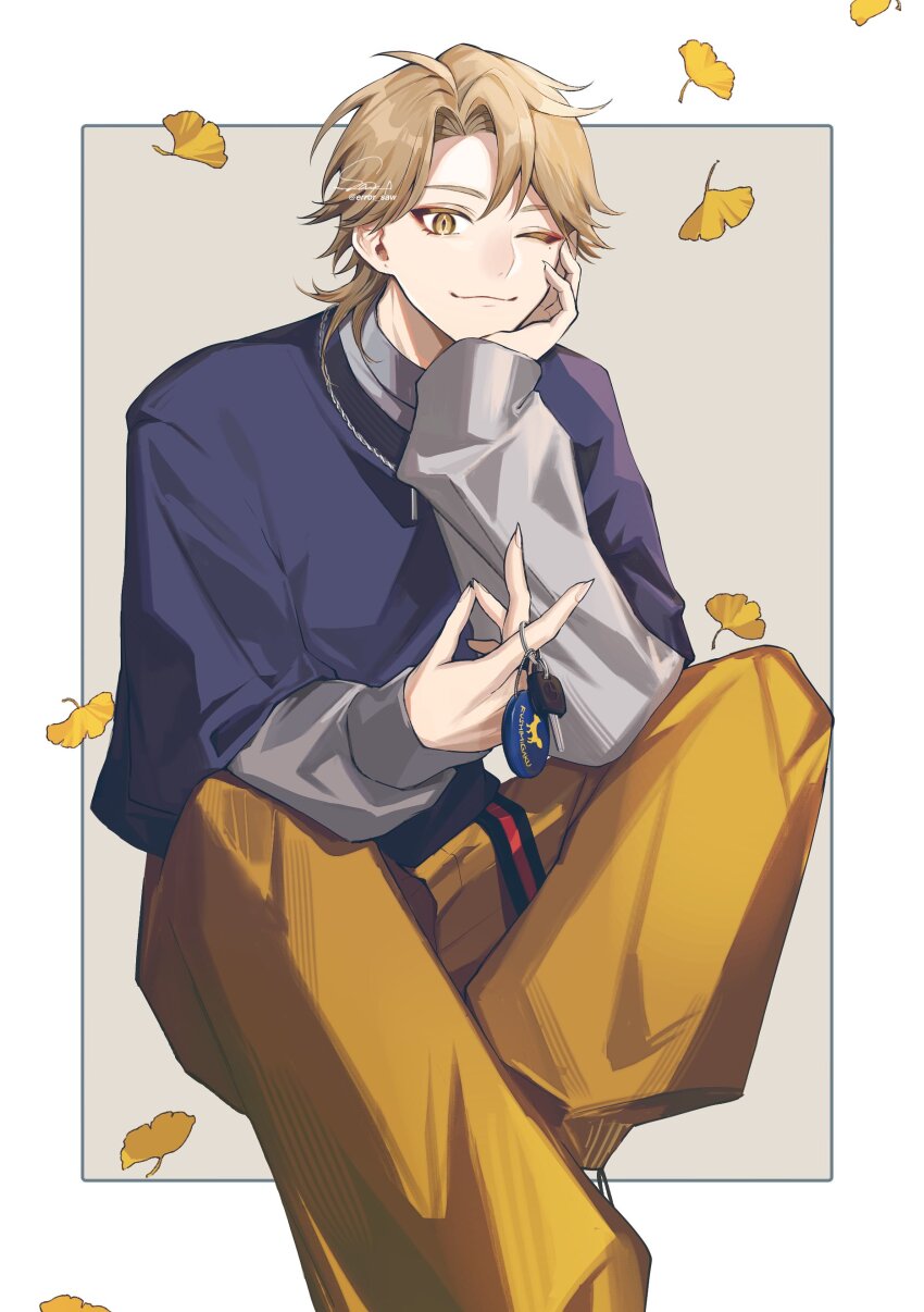 1boy absurdres ahoge artist_name blue_shirt border brown_eyes brown_hair car_keys chain chain_necklace closed_mouth eyeshadow falling_leaves fingernails fushimi_gaku fushimi_gaku_(10th_costume) ginkgo_leaf grey_background grey_shirt hand_up hashtag-only_commentary highres holding jewelry layered_sleeves leaf long_fingernails long_sleeves looking_at_viewer makeup male_focus mole mole_under_eye necklace nijisanji official_alternate_costume one_eye_closed outside_border pants parted_bangs puffy_long_sleeves puffy_sleeves red_eyeshadow saw_(dtn_error) sharp_fingernails shirt short_hair short_over_long_sleeves short_sleeves signature sitting smile solo twitter_username virtual_youtuber white_border yellow_pants