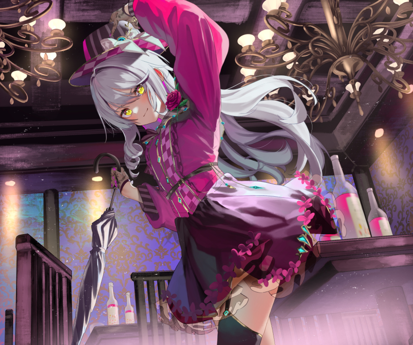 1girl arm_up black_thighhighs black_umbrella blonde_hair bottle brown_gloves ceiling_light closed_mouth closed_umbrella commentary_request garter_straps gloves grey_hair hair_between_eyes half_gloves highres holding holding_umbrella indoors long_sleeves looking_at_viewer original pink_shirt puffy_long_sleeves puffy_sleeves purple_skirt purple_theme saraki shirt skirt smile solo thighhighs umbrella