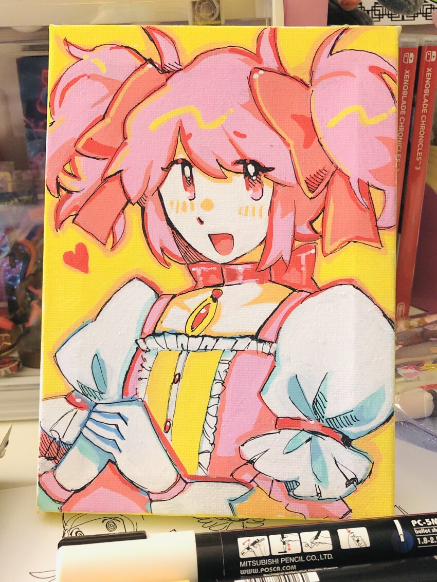 absurdres choker heart highres kaname_madoka kaname_madoka_(magical_girl) magical_girl mahou_shoujo_madoka_magica open_mouth painting_(medium) peachdelta pink_choker pink_eyes pink_hair pink_theme ribbon_choker short_twintails traditional_media twintails yellow_background