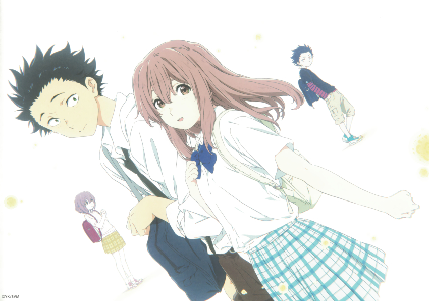 1boy 1girl absurdres age_comparison aged_down backpack bag black_hair brown_eyes brown_hair green_eyes highres ishida_shouya koe_no_katachi nishimiya_shouko nishiya_futoshi official_art randoseru scan school_uniform short_hair skirt textless_version