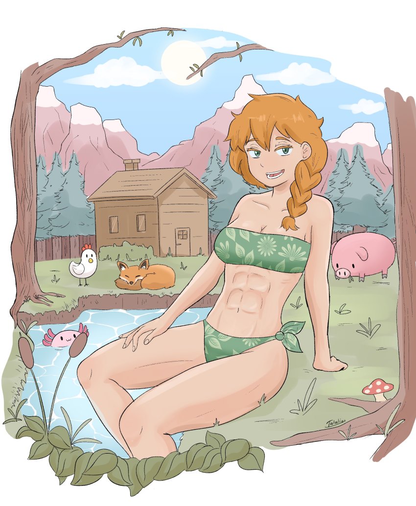 1girl abs absurdres alex_(minecraft) axolotl bare_shoulders bikini bird blue_sky braid braided_ponytail breasts cattail chicken cleavage cloud cloudy_sky feet_out_of_frame fox green_bikini green_eyes hair_over_shoulder highres long_hair minecraft mountain mushroom navel open_mouth orange_hair outdoors pig plant print_bikini sitting sky smile solo strapless strapless_bikini swimsuit talalios tree water