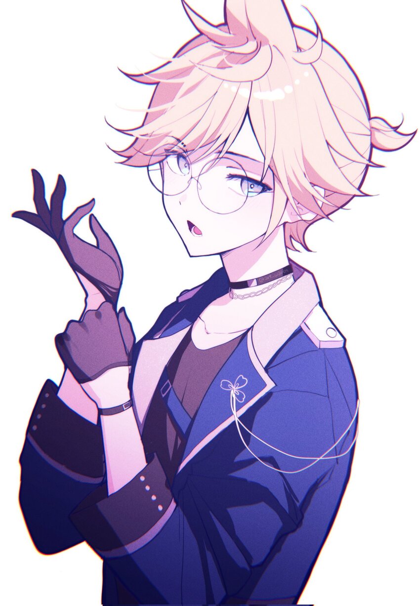 1boy adjusting_clothes adjusting_gloves art_waven bespectacled black-framed_eyewear black_choker black_gloves black_shirt blonde_hair blue_jacket bracelet bright_pupils chain chain_necklace choker chromatic_aberration collarbone commentary_request film_grain glasses gloves grey_eyes half_gloves hands_up highres jacket jewelry kagamine_len long_sleeves looking_at_viewer lower_teeth_only male_focus necklace open_clothes open_jacket open_mouth ponytail project_sekai round_eyewear shirt short_ponytail simple_background solo teeth tongue upper_body vocaloid white_background white_pupils