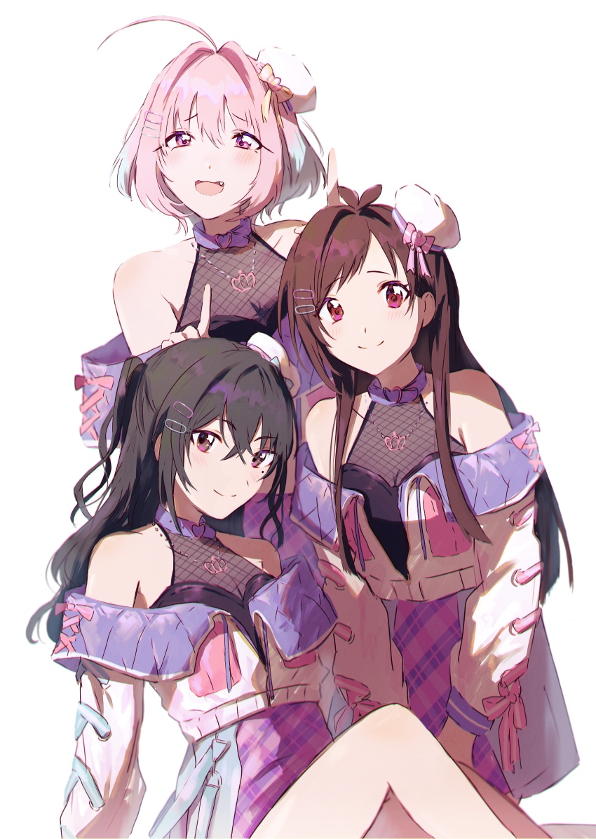 #unicus_(idolmaster) 3girls absurdres ahoge bare_shoulders black_hair blush breasts brown_hair cleavage closed_mouth collar crossed_bangs drawstring fang fishnet_top fishnets hair_between_eyes hair_intakes hair_ornament hairclip hamachamu hands_up hat hat_ribbon heart heart_collar highres idolmaster idolmaster_cinderella_girls jacket knees_up leaning_forward light_smile long_hair long_sleeves looking_at_viewer medium_breasts mini_hat mole mole_under_eye multicolored_hair multiple_girls nervous_smile open_clothes open_jacket open_mouth parted_bangs pink_collar pink_eyes pink_hair pink_jacket pink_ribbon pink_skirt purple_skirt ribbon see-through_clothes sidelighting simple_background sitting skirt small_breasts smile sunazuka_akira thighs tsujino_akari two-tone_hair two-tone_skirt wavy_mouth white_background yellow_ribbon yumemi_riamu