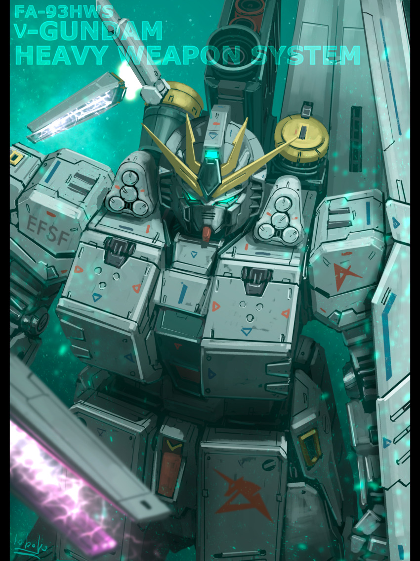 bottoms1237 char&#039;s_counterattack character_name commentary_request earth_federation_space_forces funnels_(gundam) green_eyes gundam gundam_msv highres insignia mecha mecha_focus mobile_suit no_humans nu_gundam nu_gundam_hws pillarboxed robot science_fiction shoulder_cannon signature solo upper_body v-fin