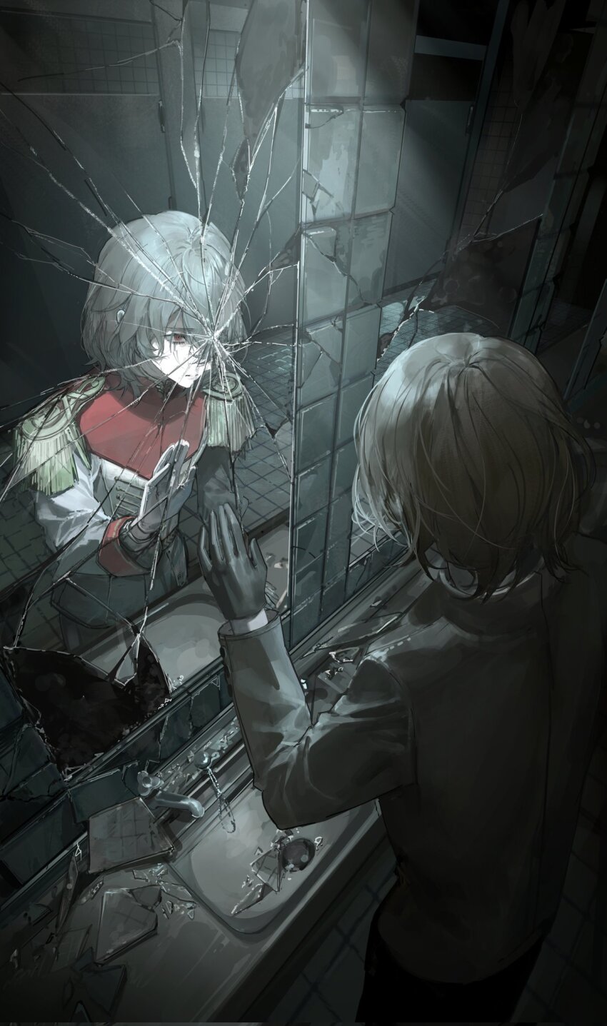 00608d 2boys akechi_gorou black_gloves broken_mirror brown_hair brown_jacket crack_of_light crow_(persona_5) different_reflection dilapidated dual_persona epaulettes gloves hair_between_eyes highres jacket long_sleeves male_focus military_uniform mirror multiple_boys persona persona_5 red_eyes reflection short_hair white_gloves