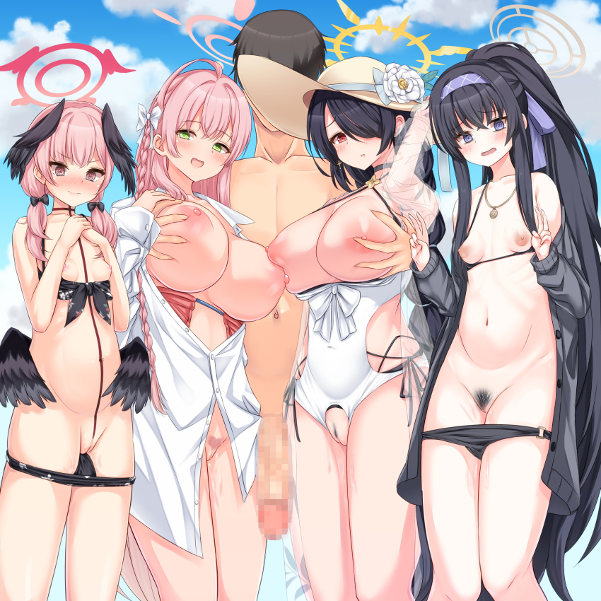 1boy 4girls @_@ asymmetrical_docking bikini black_hair blue_archive blue_eyes bottomless breast_press breasts breasts_out censored cleft_of_venus clothed_female_nude_male clothing_cutout cowboy_shot faceless faceless_male functionally_nude grabbed_breast_over_shoulder grabbing_another&#039;s_breast green_eyes groping halo hanako_(blue_archive) hanako_(swimsuit)_(blue_archive) harem hat highres hinata_(blue_archive) hinata_(swimsuit)_(blue_archive) huge_breasts koharu_(blue_archive) koharu_(swimsuit)_(blue_archive) large_breasts mosaic_censoring multiple_girls nipples nude one_eye_covered orange_eyes outdoors panties panty_pull penis pink_hair pubic_hair public_indecency public_nudity pussy red_eyes revealing_clothes sagging_breasts sensei_(blue_archive) shipua_(the_worst_night_ever) small_breasts smile standing straw_hat sun_hat swimsuit ui_(blue_archive) ui_(swimsuit)_(blue_archive) underwear