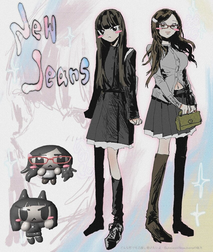 2girls 3d :&lt; animification bag black_footwear black_jacket black_skirt black_socks blush boots breasts brown_eyes brown_hair chibi chibi_inset copyright_name flat_chest glasses haerin_(newjeans) hanni_(newjeans) highres hira_kumatsu holding holding_bag jacket k-pop looking_at_viewer medium_breasts midriff_peek mixed_media multiple_girls navel newjeans pink_lips real_life shoes skirt smile sneakers socks sparkle thigh_boots