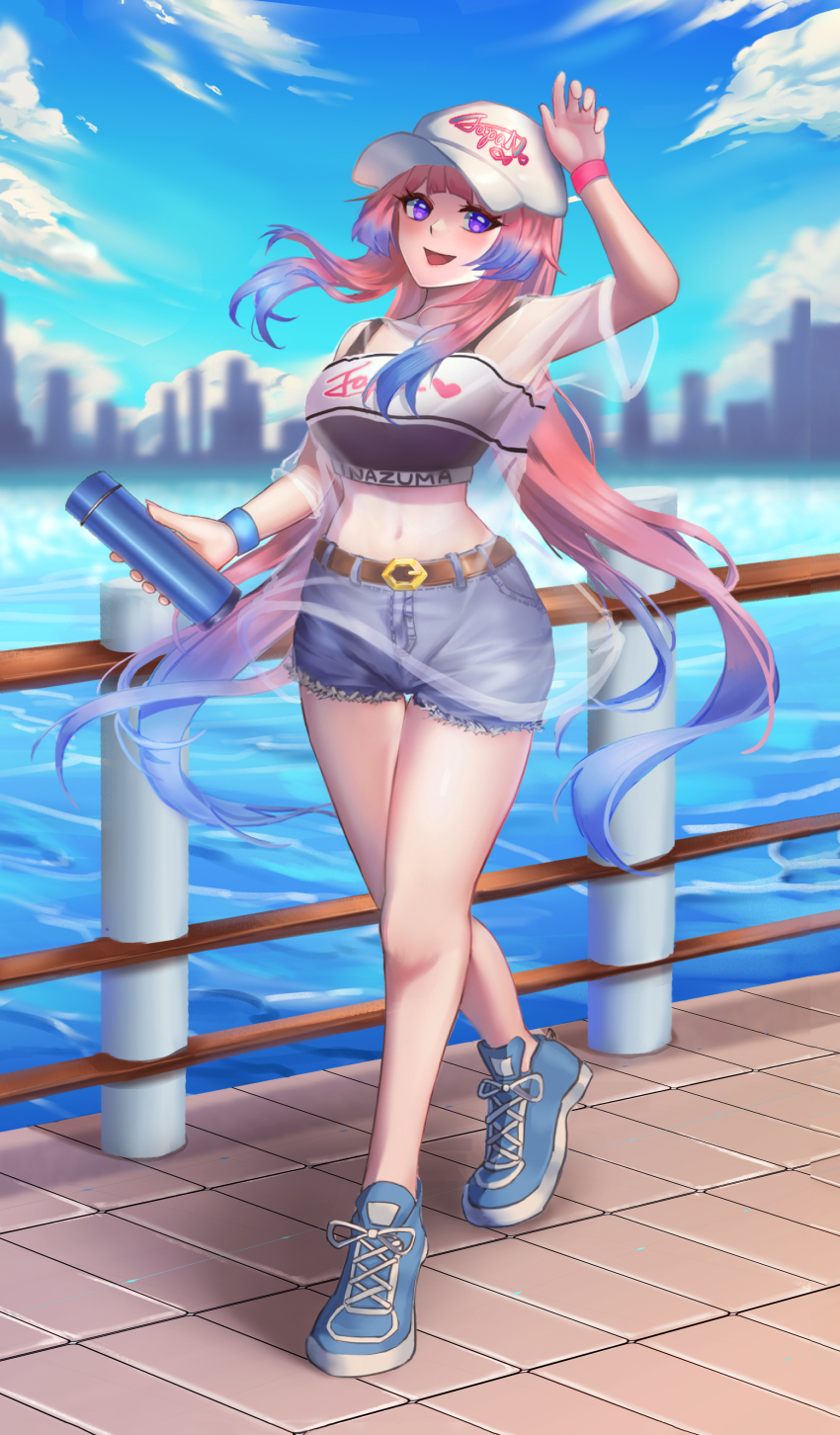 1girl :d absurdres alternate_costume arm_up bare_legs baseball_cap blue_hair blue_shoes blue_sky blunt_bangs breasts cityscape clothes_writing cloud commentary_request contemporary crop_top cutoffs day denim denim_shorts full_body genshin_impact gradient_hair hat he7_(he7hihi) highres holding large_breasts long_hair looking_at_viewer midriff multicolored_hair navel open_mouth pink_hair purple_eyes railing sangonomiya_kokomi see-through_clothes see-through_shirt shirt shoes short_sleeves shorts sky smile sneakers solo sports_bra stomach thermos thighs very_long_hair walking white_hat white_shirt wristband