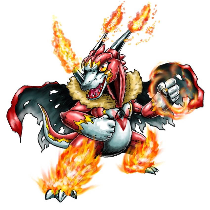 claws digimon digimon_(creature) dragon evolution fire highres original redv-dramon simple_background solo white_background