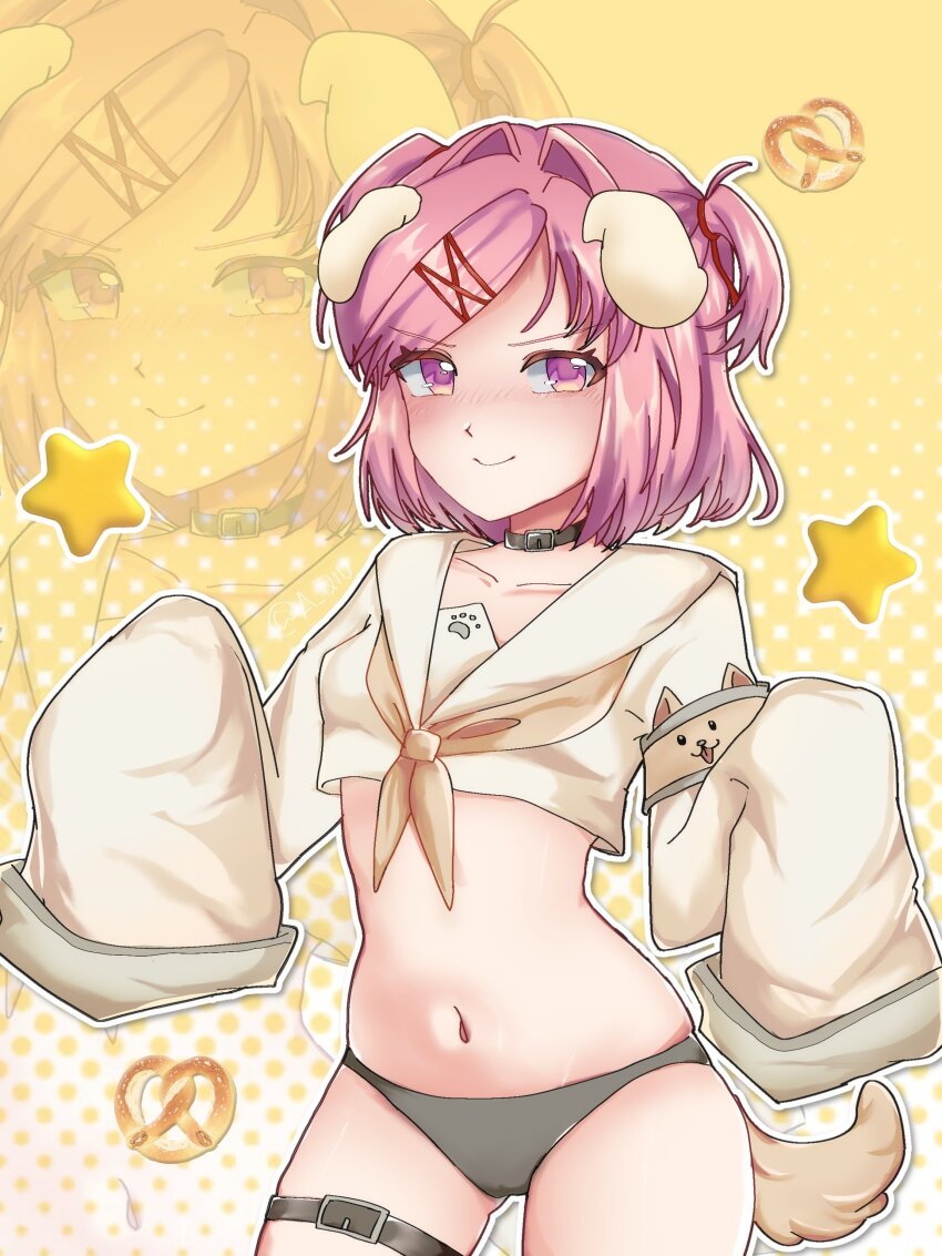 1girl absurdres animal_ears aqiu92652066 armband black_choker black_straps blush bob_cut breasts brown_armband brown_neckerchief brown_tail choker closed_mouth collarbone collared_shirt commentary cowboy_shot crop_top cropped_shirt dog_ears dog_girl dog_tail doki_doki_literature_club dress_shirt food gluteal_fold gradient_background grey_panties hair_intakes hair_ornament hair_ribbon halftone halftone_background hashtag-only_commentary highres looking_at_viewer midriff natsuki_(doki_doki_literature_club) naughty_face navel neckerchief no_pants nose_blush outline panties paw_print pink_eyes pink_hair pretzel red_ribbon ribbon school_uniform serafuku shirt short_hair sleeves_past_fingers sleeves_past_wrists small_breasts smile solo standing star_(symbol) swept_bangs tail thigh_gap thigh_strap two_side_up underwear v-shaped_eyebrows very_long_sleeves white_background white_outline white_shirt wide_sleeves x_hair_ornament yellow_background zoom_layer