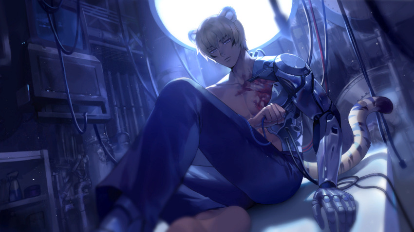 1boy animal_ears artist_request blonde_hair blue_pants cat_ears cat_tail check_artist closed_mouth ein_lee game_cg highres jethro_(tevi) male_focus mechanical_arms non-web_source pants short_hair sitting tail tevi topless_male