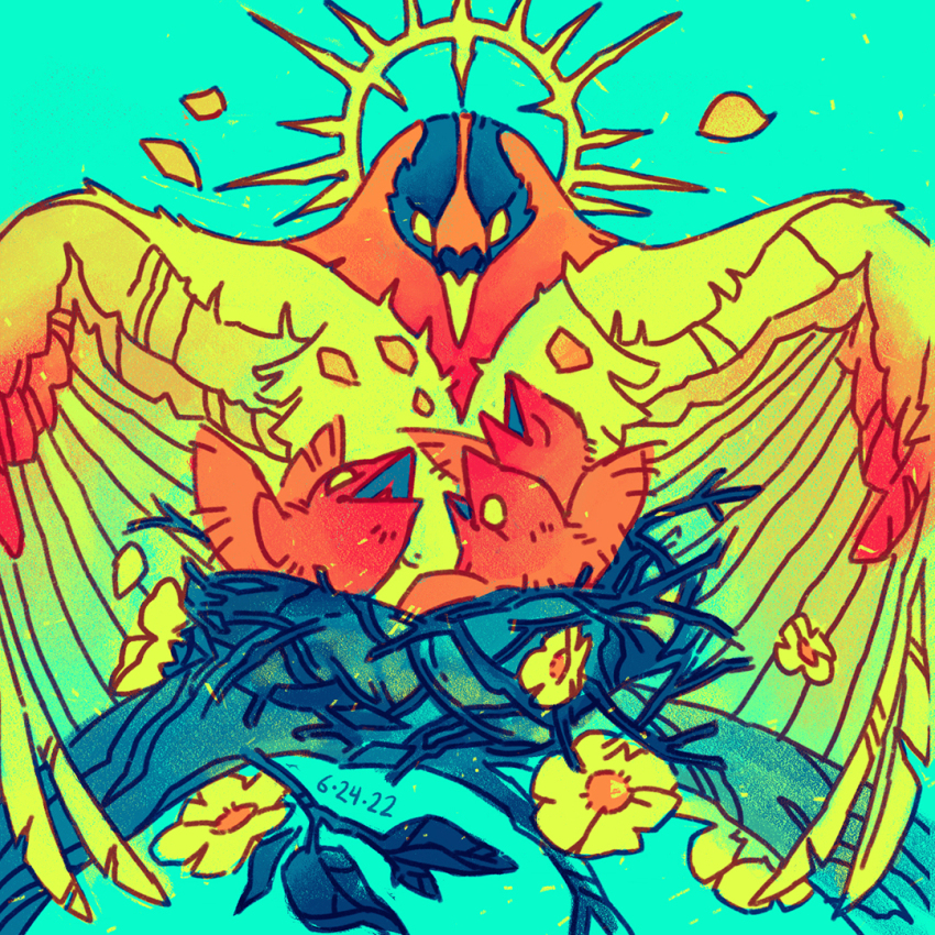 animal animal_focus baby_animal bird bird_nest blank_eyes blue_feathers branch chick closed_mouth color_variation colorful commentary dated english_commentary feathers film_grain flower glowing glowing_eyes green_background green_feathers green_theme halo jake_romano light_particles looking_at_another looking_at_viewer looking_up neon_palette nest no_humans no_pupils on_branch open_mouth orange_feathers orange_petals original parent_and_child petals simple_background spiked_halo wings yellow_eyes yellow_feathers yellow_flower yellow_halo yellow_petals