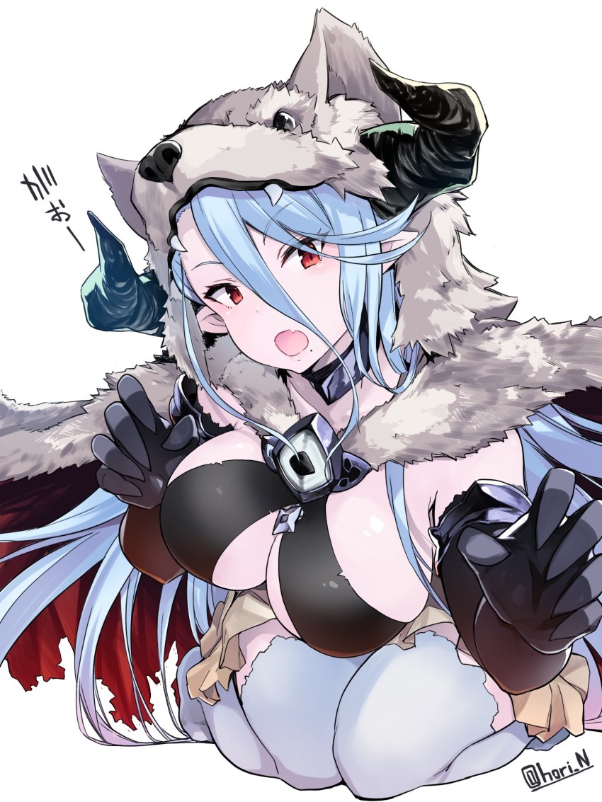 1girl alternate_costume animal_ears animal_hood artist_name berserker_(granblue_fantasy) black_gloves blue_hair blush breasts cleavage commentary_request detached_collar draph fangs female_focus gloves granblue_fantasy hair_between_eyes highres hood horns izmir kneeling large_breasts leaning_forward long_hair looking_at_viewer mole mole_under_mouth nino_(shira) open_mouth pelt pointy_ears red_eyes simple_background solo thighs very_long_hair white_background white_legwear