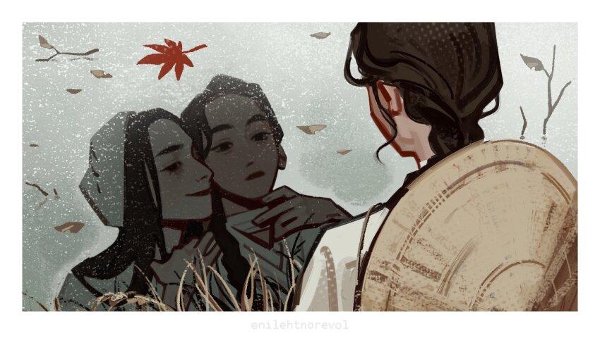 2boys artist_name autumn_leaves bai_wuxiang bandaged_neck bandages bare_tree black_eyes black_hair border braid brown_hair chinese_clothes closed_mouth different_reflection enilehtnorevol floating from_behind frown grass hand_on_another&#039;s_neck hanfu hashtag-only_commentary hat hat_on_back horror_(theme) leaf long_hair looking_at_reflection male_focus maple_leaf mask mask_on_head multiple_boys reflection reflective_water rice_hat single_braid smile tianguan_cifu tree white_border white_hanfu white_mask winter xie_lian