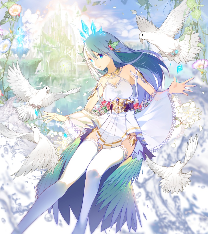 1girl ajahweea bare_shoulders bird blue_eyes blue_hair breasts cleavage crown crystal dress female_focus flower flying gem hair_ornament highres jewelry lake long_hair looking_at_viewer necklace open_mouth original ornate ornate_clothing outdoors palace pale_skin petals plant smile solo thighhighs vines water waterfall white_dress white_thighhighs zettai_ryouiki