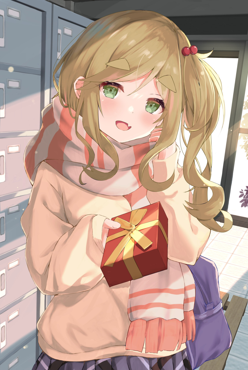1girl :d absurdres bag blue_skirt blush chocolate commentary_request fang file112056 fringe_trim giving green_eyes hair_bobbles hair_ornament head_tilt highres holding incoming_gift inuyama_aoi long_hair looking_at_viewer open_mouth orange_scarf plaid_clothes plaid_skirt pleated_skirt scarf school_bag side_ponytail skin_fang skirt smile solo standing sweater swept_bangs thick_eyebrows upper_body valentine yellow_sweater yurucamp